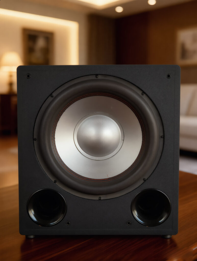 Divine Audio RUMBLE 15 inch active subwoofer with dual front ports and built-in Class AB amplifier in black finish.